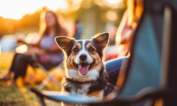 Happy woman sitting with dog in chairs at campsite in summer day